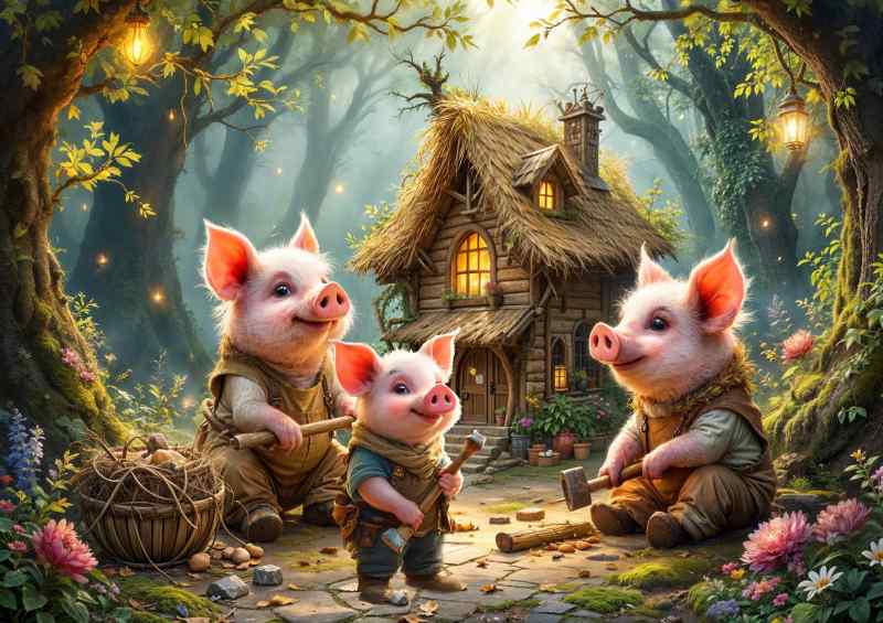 Three pigs building houses | Canvas