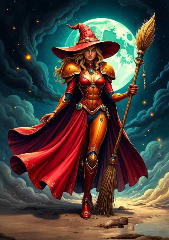 Modern red witch with her broom | Metal Poster