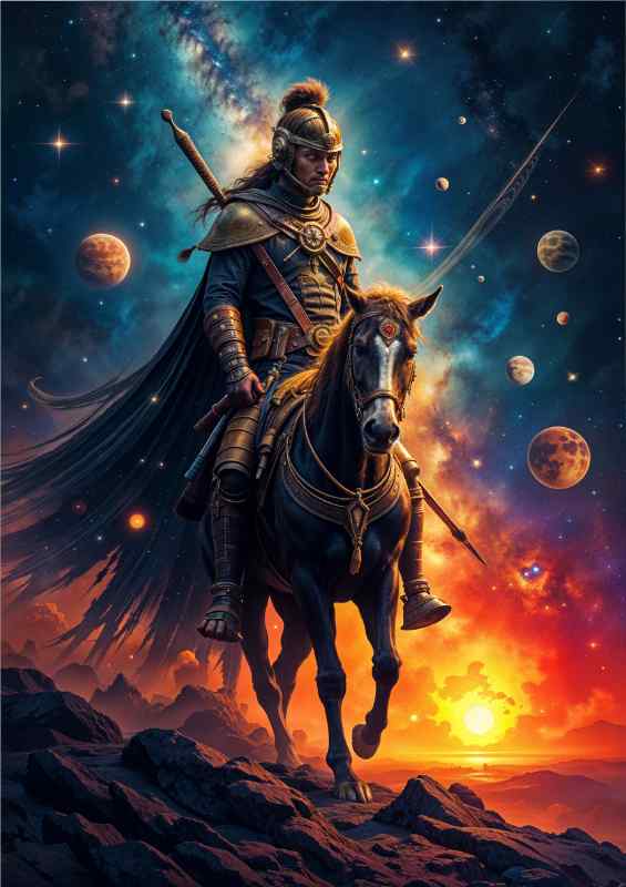 Samurai warrior on his horse at night | Metal Poster