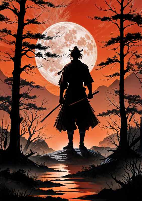 Silhouette of a samurai warrior with a full moon | Poster
