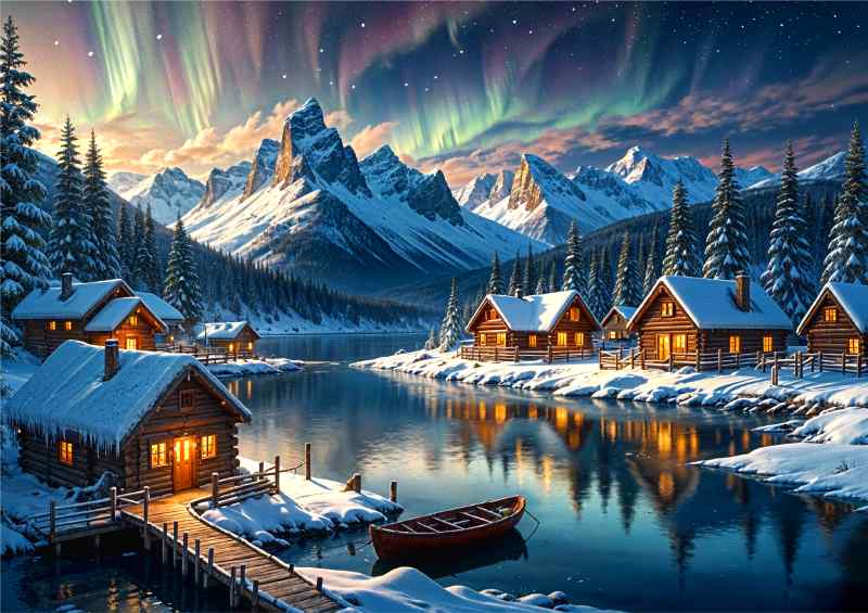 Log cabins by the snowy lake and mountains | Di-Bond