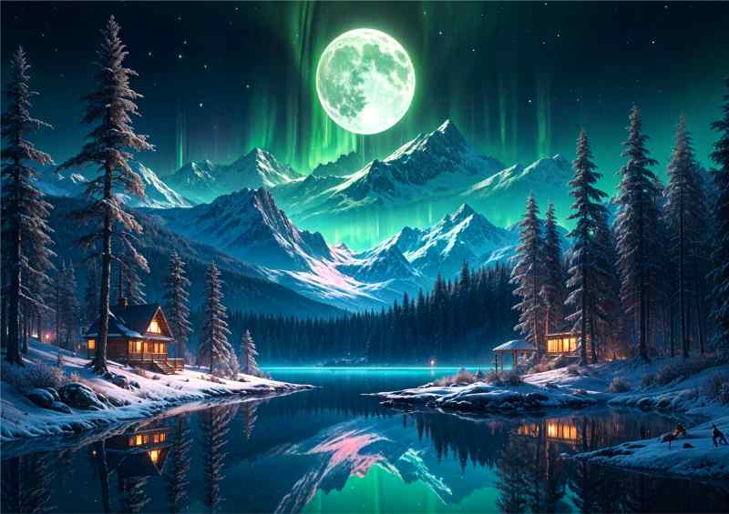 Moonlit forest with log cabins | Metal Poster