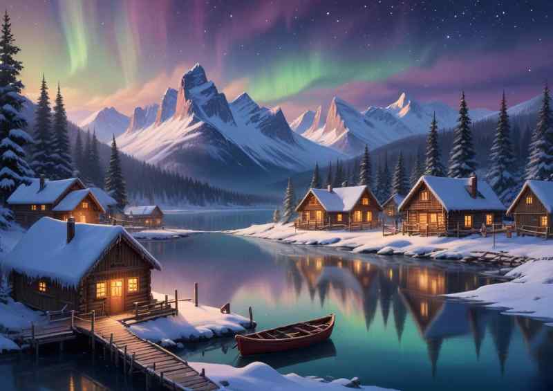 Snow filled mountains and log cabins | Canvas