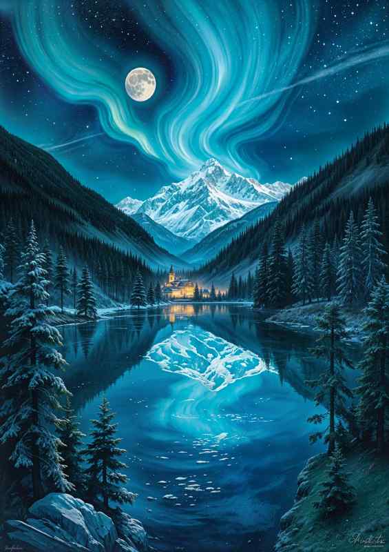 Moon lite by the mountains and river | Di-Bond