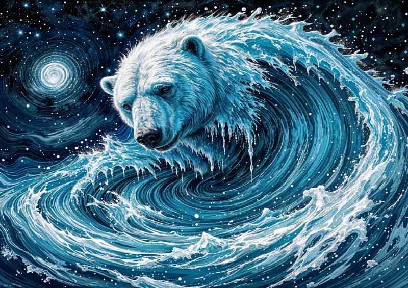 Polar bear in the sea with crashing waves | Poster