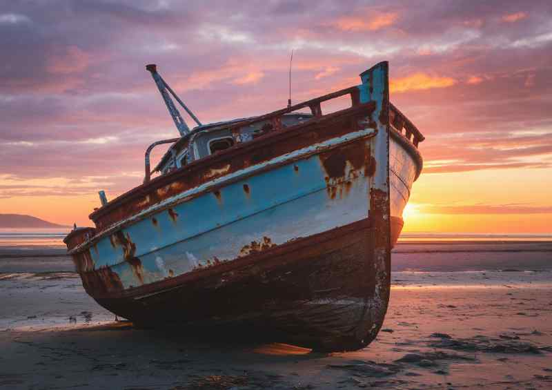 Rusted boat stranded on a sandy shore | Canvas
