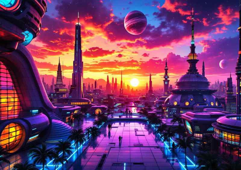 Overlooking the futuristic neon city at night | Canvas
