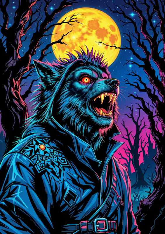 Wolf at night in neon colours | Canvas