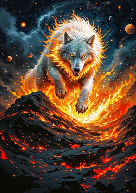Space wolf through fire | Canvas