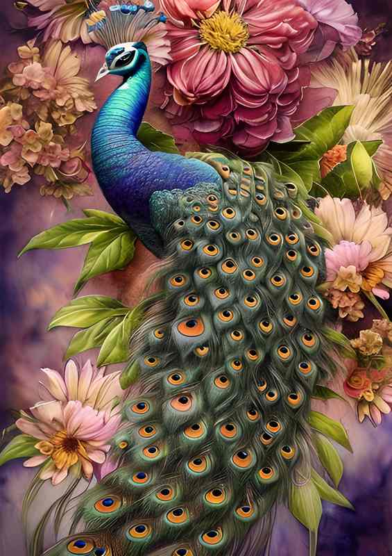 Cameron Gray Peacock Art Watercolor surrounded by flowers | Poster
