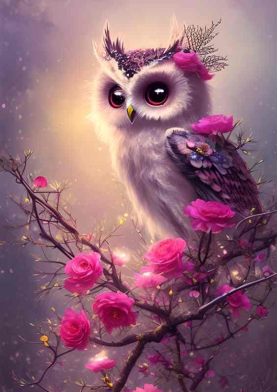 Fantasy Cute Owl Pearched An A Tree In Flower | Poster