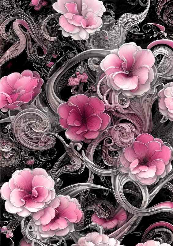 Pink Chrome Black Ink Flowers | Canvas