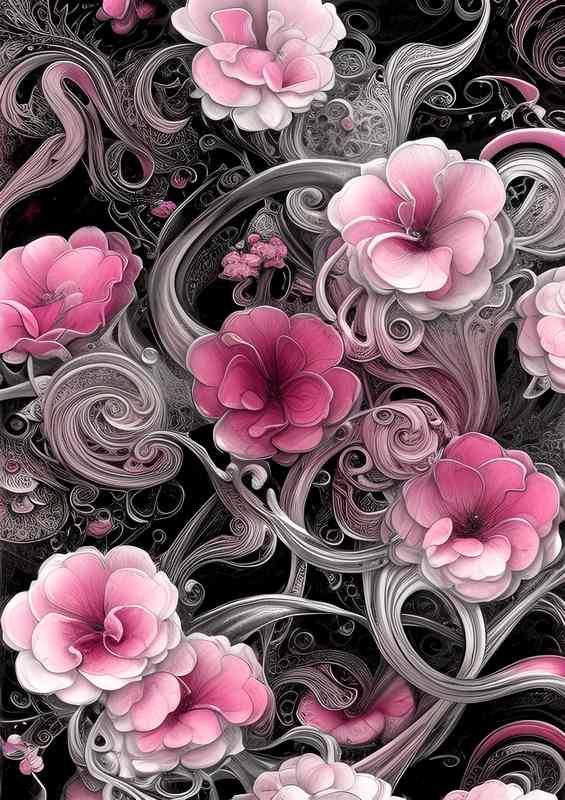 Pink Chrome Black Ink Flowers | Poster