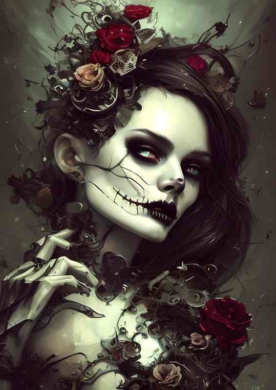 Skeleton Beauty Whimsical Surrounded By Roses | Canvas