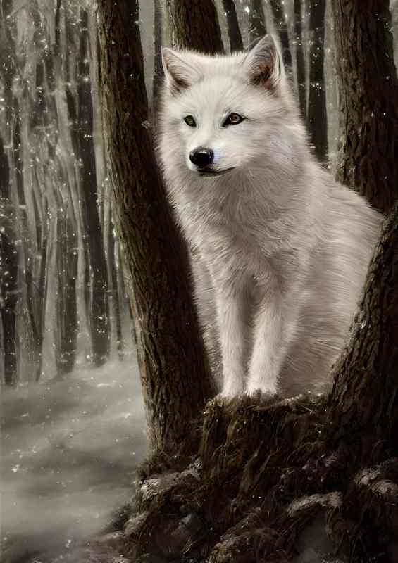 Tiny White Wolf On A Tree | Canvas