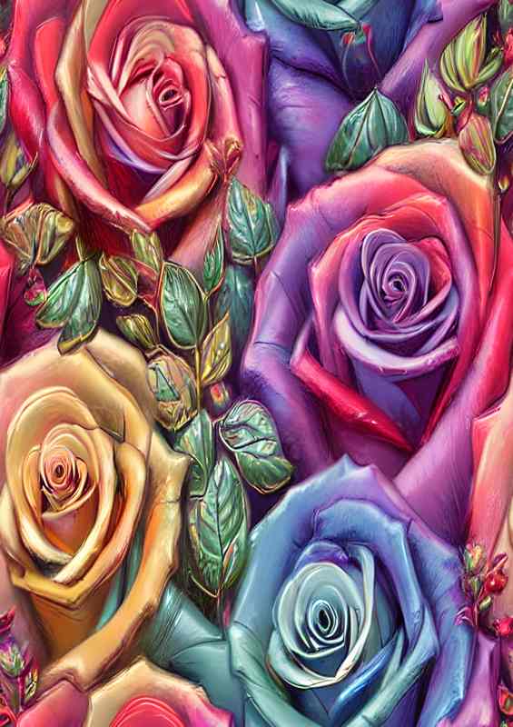 Vintage Rainbow Roses And Leaves | Metal Poster