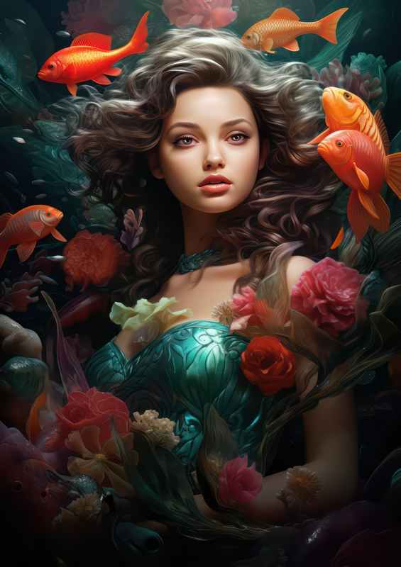 Princess in the pool with corals and fish | Canvas