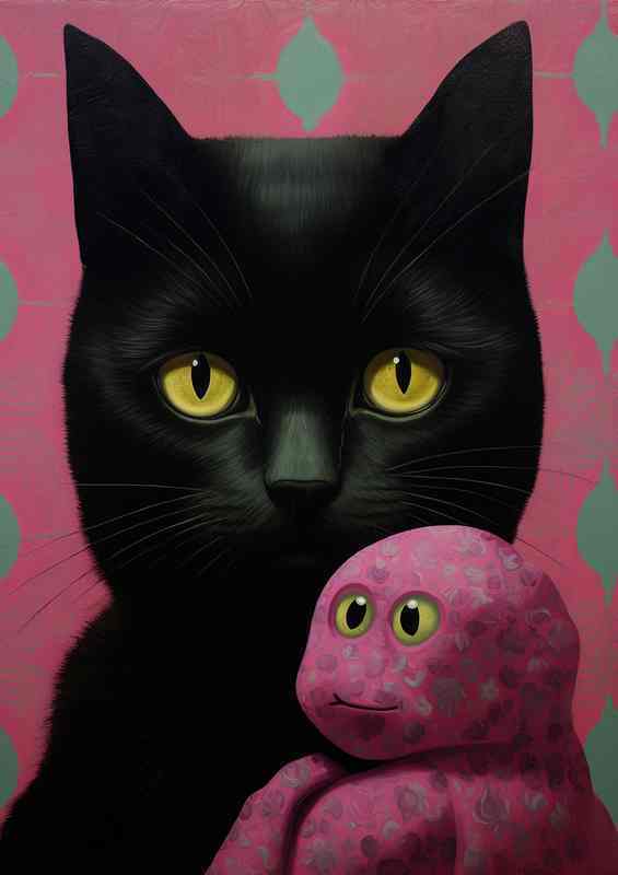A Black cat holding a pink stuffed teddy | Poster