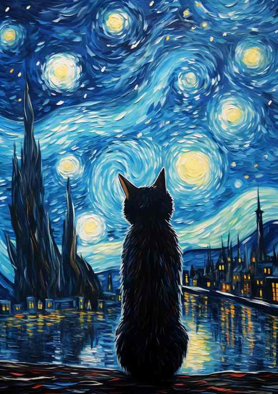 Moonlit Meows Cats Entranced by the Night Sky | Metal Poster