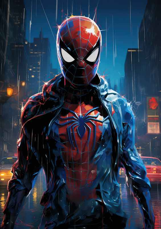 Spiderman walking in a town with a blue shirt | Poster