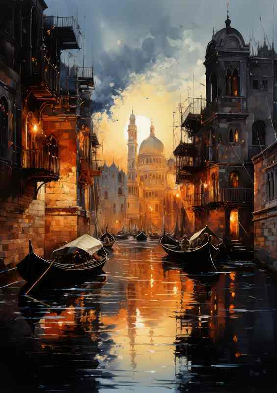 Canals Midnight Boats Peacefully Rest | Canvas
