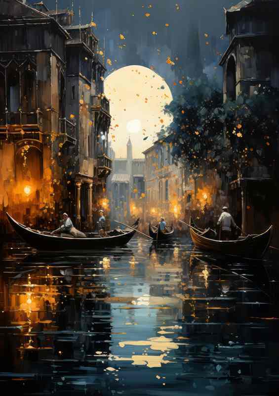 Canals Midnight Tale Boats Rest Peacefully | Canvas