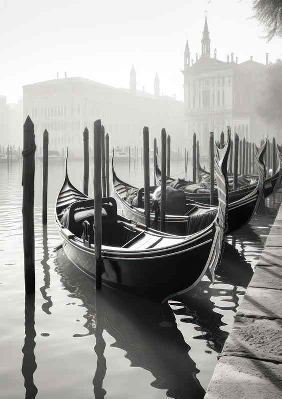 Docks greyscale Embrace Gondolas Await Journey | Canvas