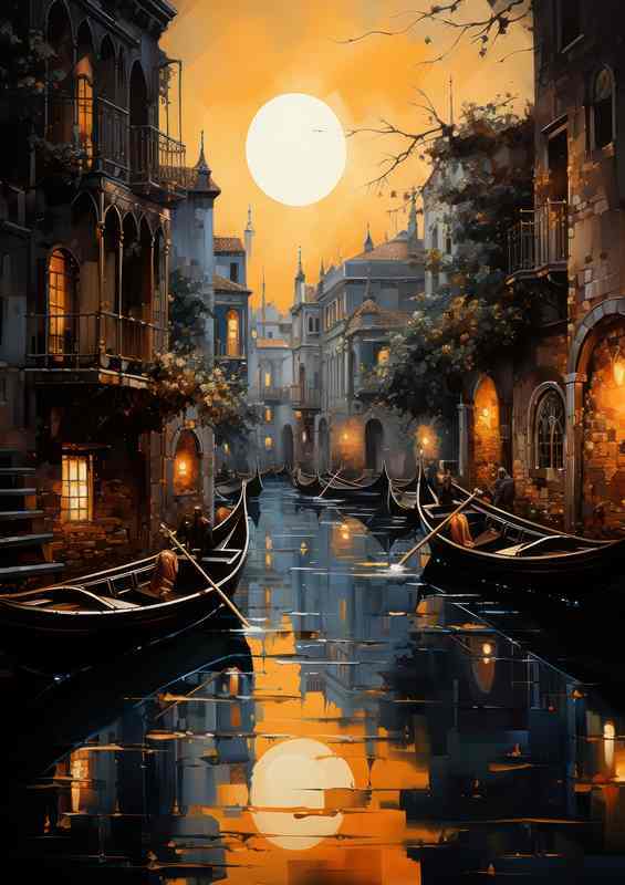 Moonlit Canals Boats Drift In Nights Caress | Di-Bond