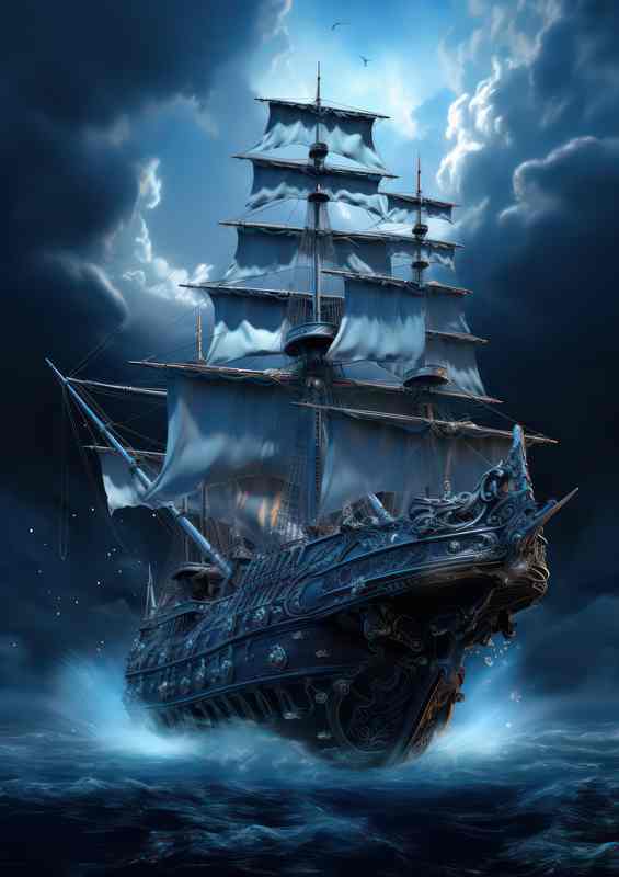 Moonlit Voyage Galleon Sails Midnight Waves | Di-Bond