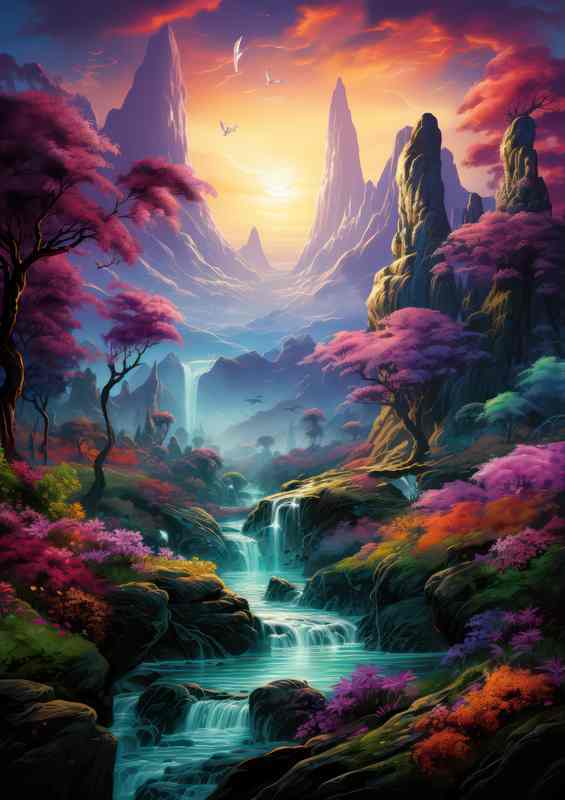 Mountain Majesty Rainbow Cascades With Falls | Poster