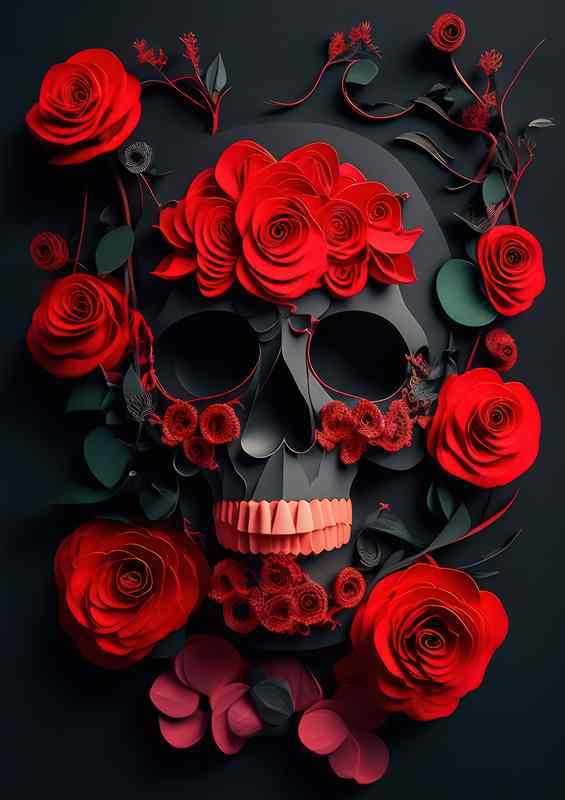 Dimensional Delicacy Roses Skull Art | Metal Poster