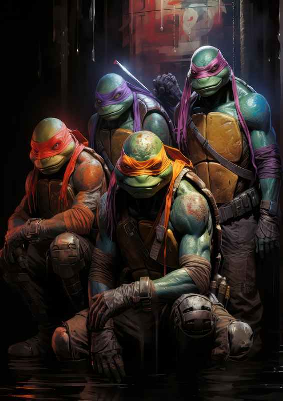 Teenage mutant ninja turtles in a city waiting for pizza | Poster