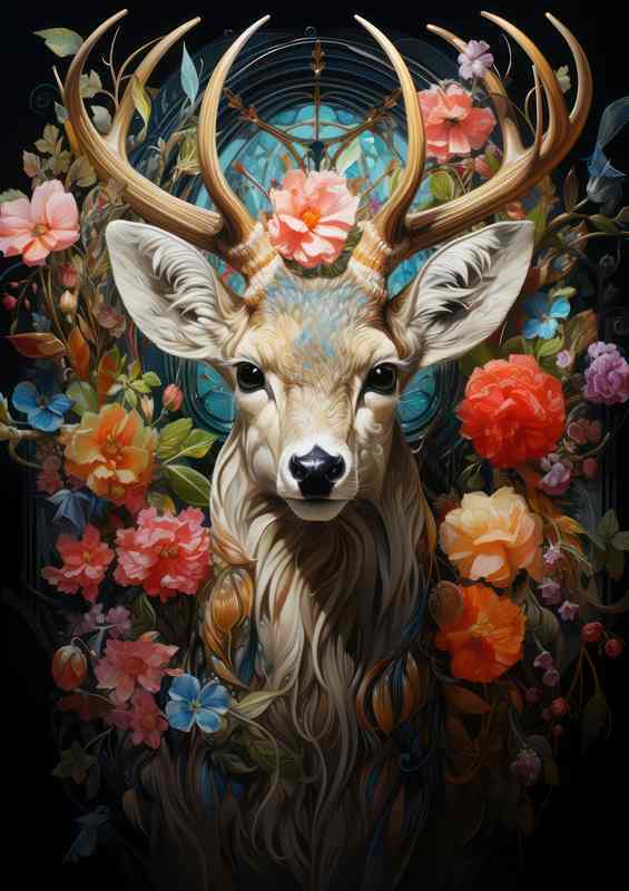 The Luminous Realm Art of Darren The Deer amidst Flowers | Poster
