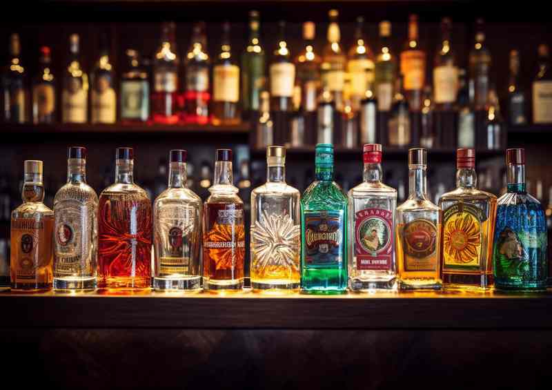 Dark Delights Showcasing Liquor Bottles | Poster