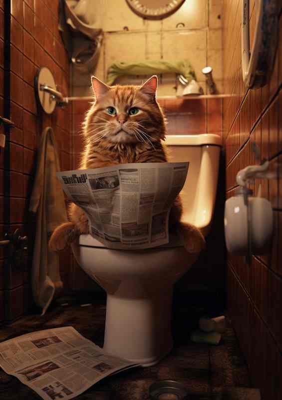 Litter ary Genius Cartoon Cats Engrossed in News on the Loo | Di-Bond