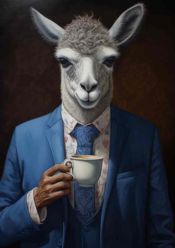 Llama holding a blue cup of coffee out in front | Poster
