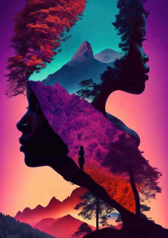 Creative a wommans profile with trees and mountains | Canvas