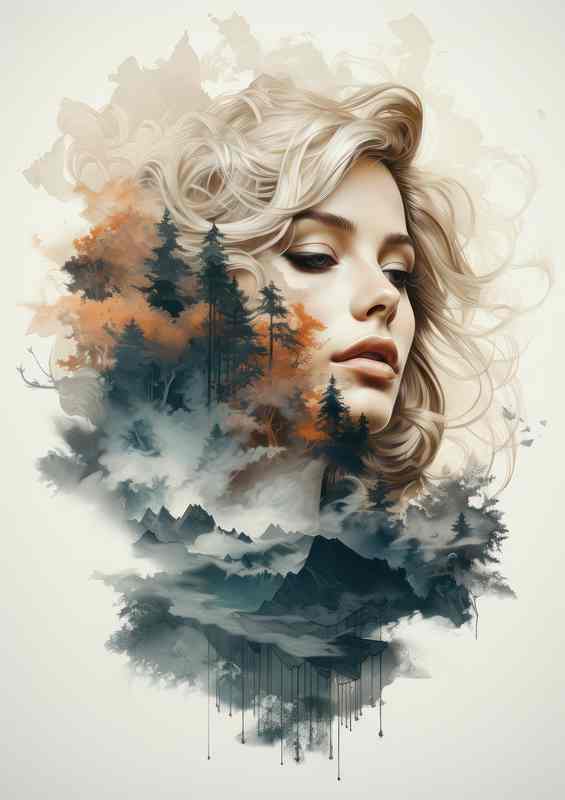 Layered Wilderness Captivating Double Exposure Womans Head | Canvas