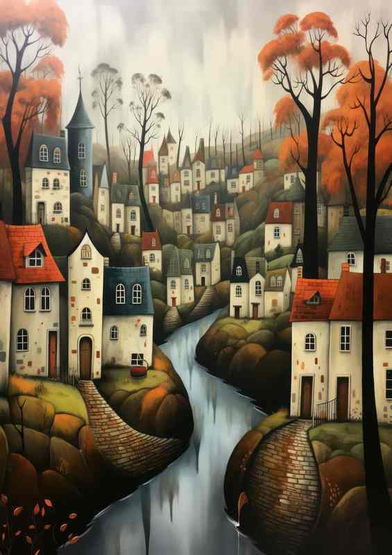 Cheerful Village Scenes Pastel Whimsy | Metal Poster