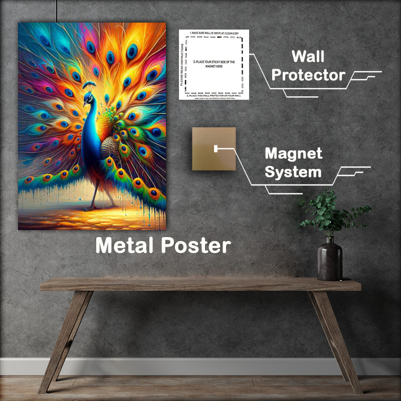 Buy Metal Poster : (Majestic peacock with its tail feathers unfurled)