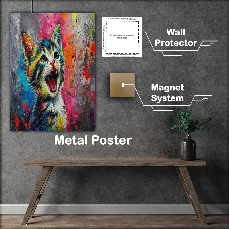 Buy Metal Poster : (Cat with a smilly face and painted background)
