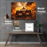 Buy Metal Poster : (Red Formula one car driving through fire)