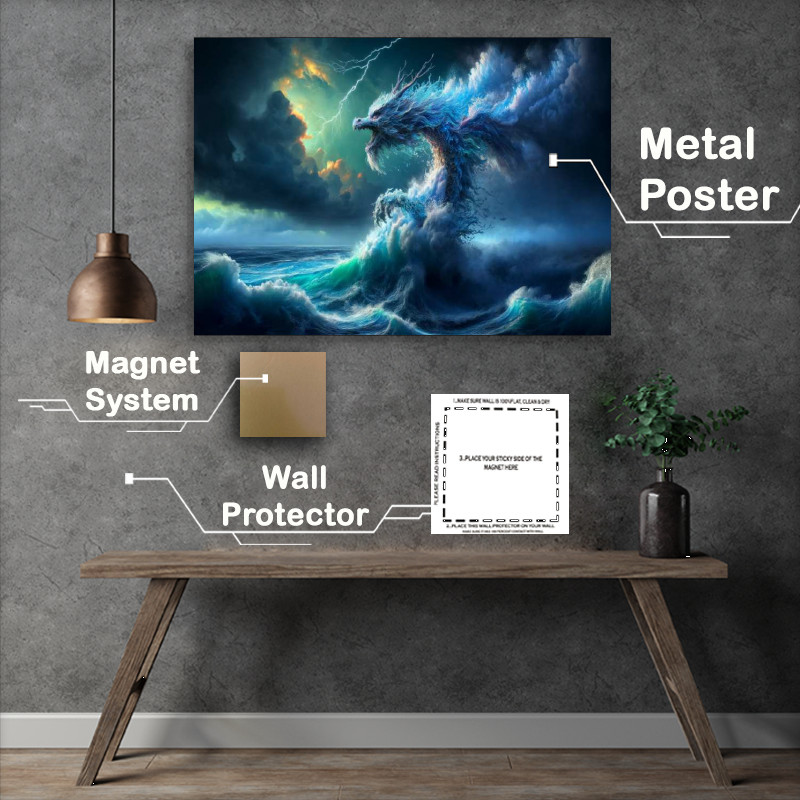Buy Metal Poster : (Dragon made of flowing water soaring above an ocean)