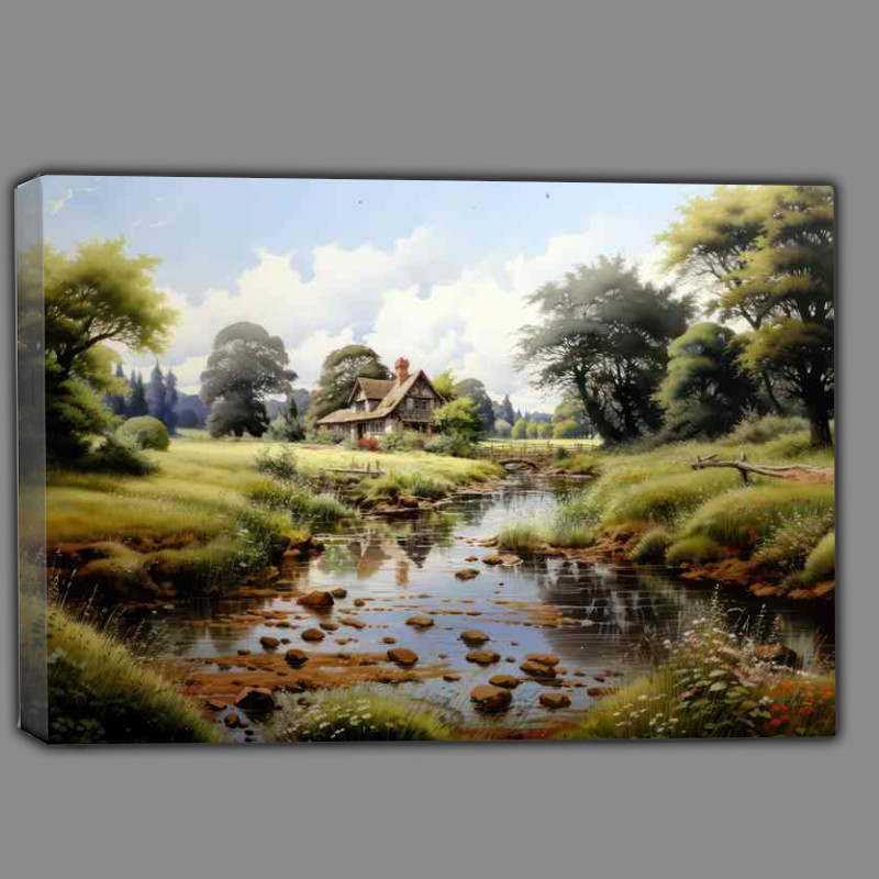 Buy Canvas : (Countryside Elegance Old Cottage by English River)