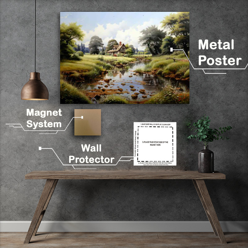 Buy Metal Poster : (Countryside Elegance Old Cottage by English River)