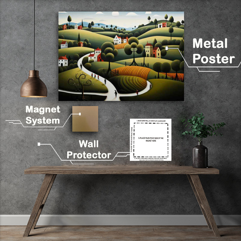 Buy Metal Poster : (Dreamy Village Landscape With Rollinh Hills)