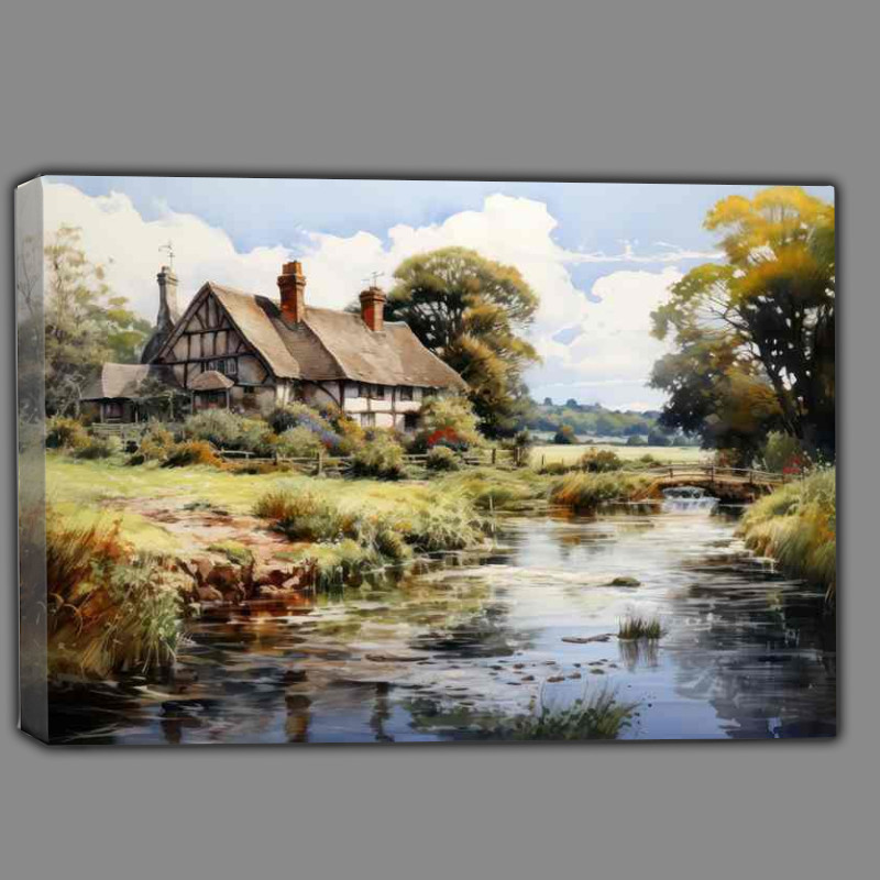 Buy Canvas : (English Charm Picturesque Watercolour Riverside Cottage)