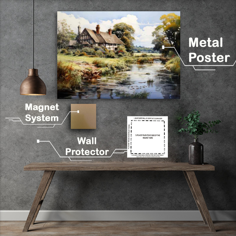 Buy Metal Poster : (English Charm Picturesque Watercolour Riverside Cottage)