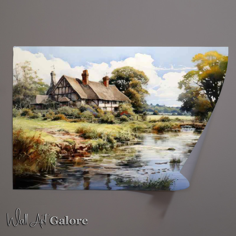 Buy Unframed Poster : (English Charm Picturesque Watercolour Riverside Cottage)