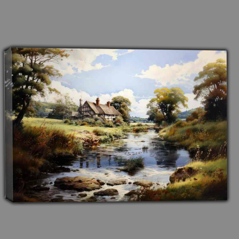 Buy Canvas : (Magic English Countryside Riverside Cottage)